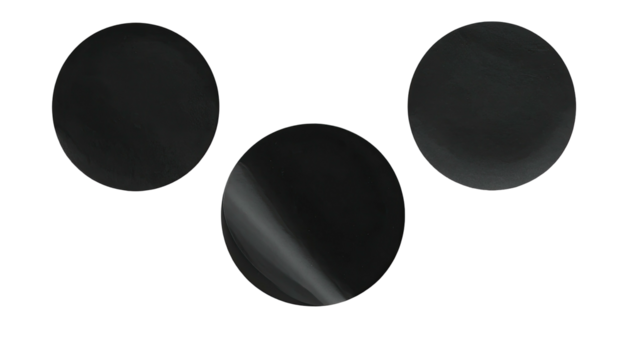 Three dark circles on black, subtle gradients in each