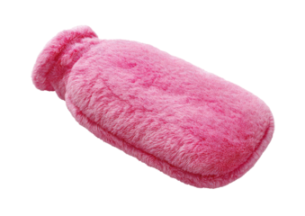 Fluffy pink, bottle-shaped cover on a warm water bag.