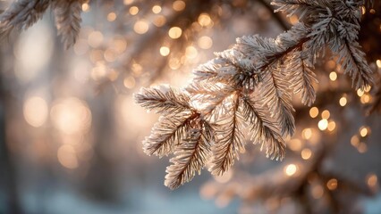 Frosty pine branches with soft warm bokeh lights in the background. Concept Winter pine branches, Frosty evergreens, Soft warm bokeh lights, Warm glow background, Cozy holiday lighting
