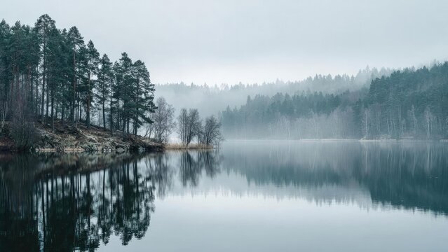 Calm lake surrounded by pine trees, with misty forest in the distance and a perfect reflection on the water. Concept Serene lake with pine trees, Misty forest in the distance