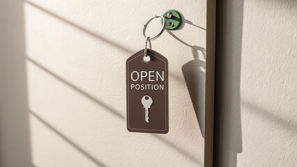 Key tag labeled OPEN POSITION hanging on a door