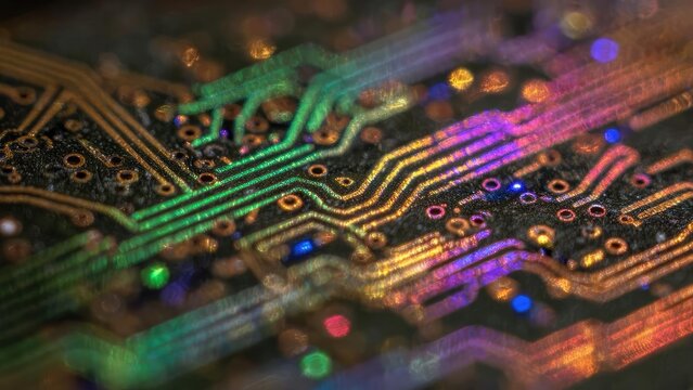 Close-up of a printed circuit board showing copper traces with rainbow reflections. Concept Close-up PCB detail, Rainbow reflections on copper traces, Macro electronics photography