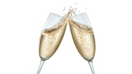 Two flutes clink with sparkling champagne, AI, PNG