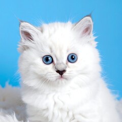 Obraz premium Fluffy white kitten with striking blue eyes, posing against a blue background