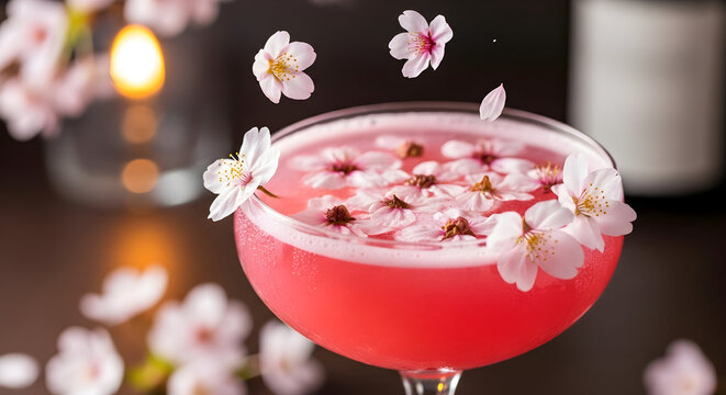 Refreshing pink cocktail garnished with cherry blossoms perfect for spring celebrations and elegant gatherings 51824804 1