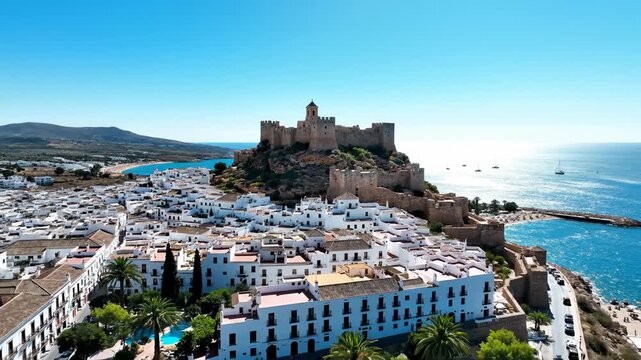 Aerial View of Conil De La Frontera With Castillo De Guzman El Bueno on Coast, Cadiz, Spain