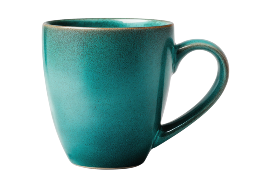Teal ceramic mug with curved handle, brown lip