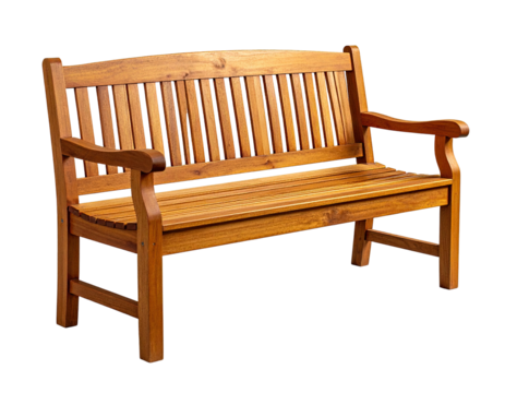 Wooden park bench with curved arms, clean look