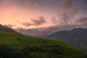 Beautiful morning view over tian tou zhai village in longji rice terrace, Guangxi province of China