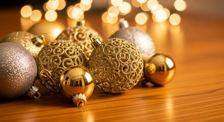 Golden and Silver Christmas Ornaments on Wooden Table Background