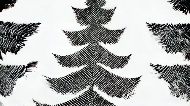 A monochrome illustration of a Christmas tree with a textured pattern