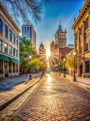 Fototapeta premium Sunny morning light reflecting off the cobblestone streets and historic buildings of downtown Boise