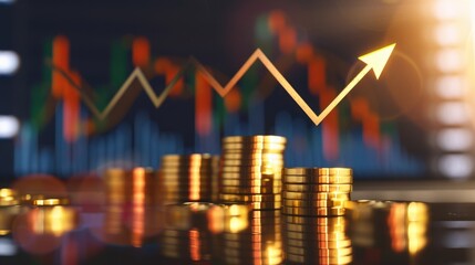 Golden coins stacked with a rising graph in the background. Represents financial growth and investment opportunities.
