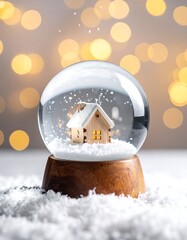 A snow globe, containing a small house, set on a snowy surface