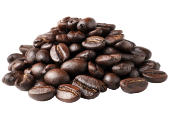 Piled, shiny, dark, roasted coffee beans, rich aroma