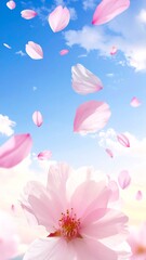 Delicate Cherry Blossom Petals Falling in Blue Sky