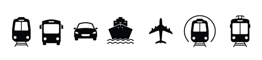 Air, Auto, Railway Transport Silhouette Icon Set. Stop Station Sign for Public Transport Glyph Pictogram. Car, Bus, Tram, Train, Metro, Plane, Ship Icon in Front View. Isolated Vector Illustration. © spari