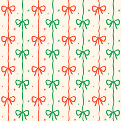 Retro Coquette Christmas Ribbon Bow Seamless Pattern Festive Green and Red Timeless Repeat Wallpaper Background Printable
