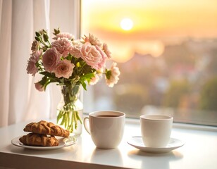 A still-life scene captures a bouquet of pink roses, two mugs of coffee, and pastries, bathed in the warm glow of a sunset