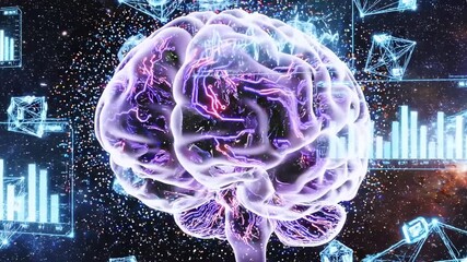 A translucent brain glows amidst data visualizations, geometric shapes against a starry cosmic backdrop - Powered by Adobe