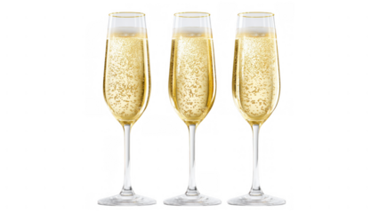 Three tall champagne glasses of bubbly gold, AI, PNG