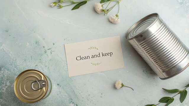 Overhead of Tin Can and Clean and Keep Card on Light Background