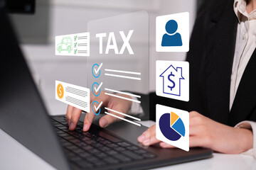 Person focusing on budget planning tax refund money payment return calculate financial accounting income revenue economy banking investment concept