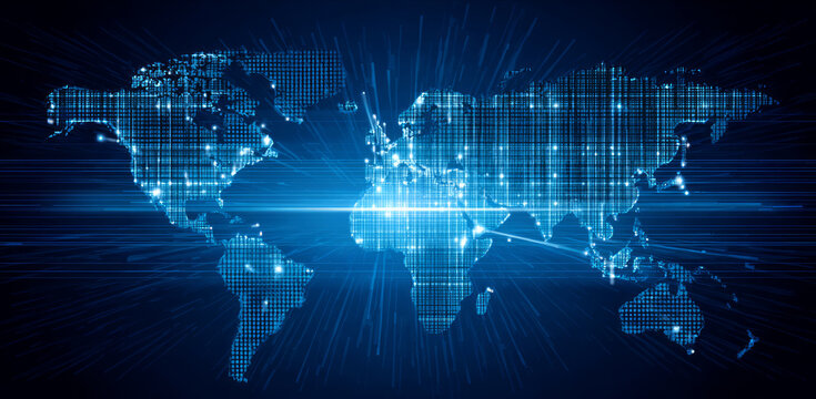 Digital world map, blue background, data network, glowing grid, futuristic vibe