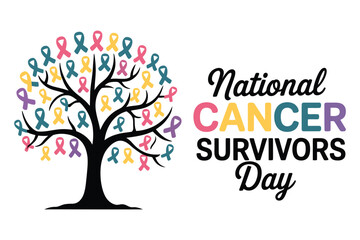 Obraz premium National Cancer Survivors Day: A symbolic representation for Cancer Survivors Day, featuring a tree adorned with colorful ribbons signifying hope and unity.