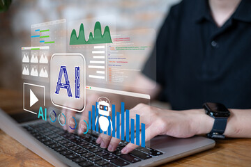 Person using ai artificial intelligence digital futuristic innovation technology in data deep machine learning process business communication software development system concept