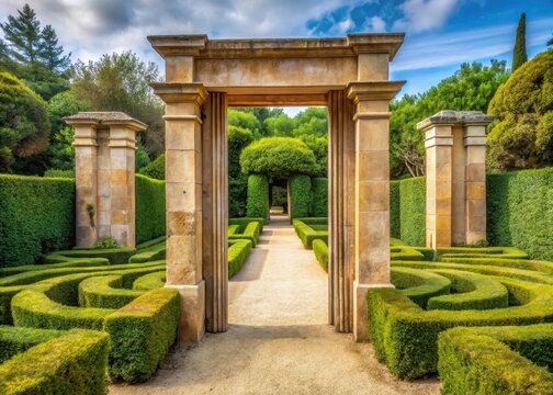 Entrance with stone pillars in Parc del Laberint dHorta