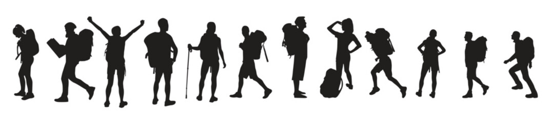 Collection of hiker in mountains silhouettes in different poses
