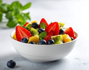 A vibrant fruit salad overflowing in a white bowl, including strawberries, blueberries, kiwi, mango, and mint