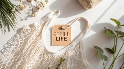 Reusable mesh bag with Refill Life tag in daylight