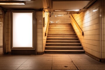 Fototapeta premium Empty subway passageway with stairs and blank ad