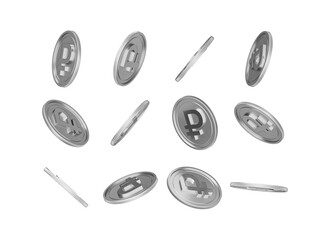 Dynamic silver Ruble coins, isolated on black, representing finance.