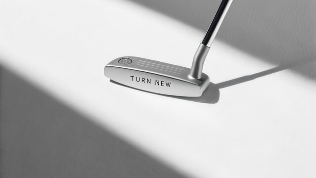 Shiny silver golf putter casting a long shadow on white - Powered by Adobe