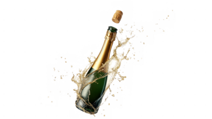 Cork flies as champagne overflows from bottle, AI, PNG