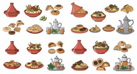 Moroccan cuisine set with traditional dishes and tea