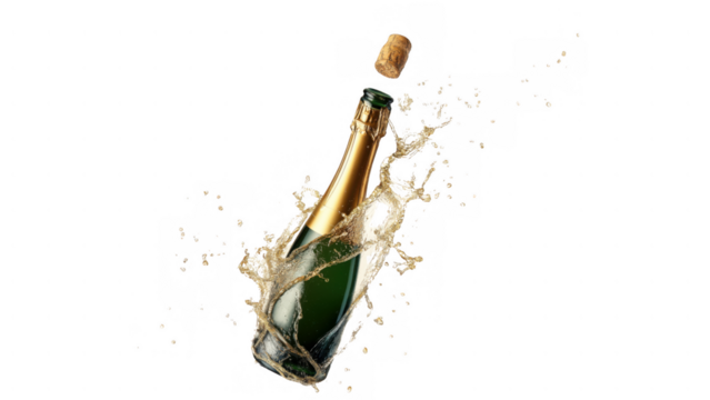 Cork flies as champagne overflows from bottle, AI, PNG