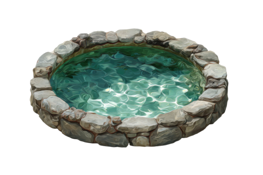 Round stone-lined pool with shimmering, clear water