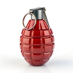 Abstract glossy red hand grenade, metallic pin, modern design. white background