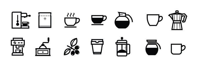 offee icons and coffee shop with white background