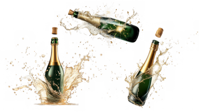 Champagne bottles bursting open with splashes of liquid, AI, PNG - Powered by Adobe