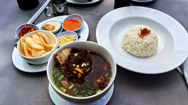 Close-up of Indonesian sop buntut (oxtail soup) served with steamed rice, sauces, and crackers outdoors