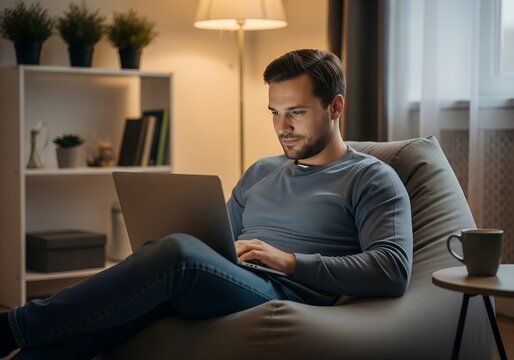 Relaxed Focus A man engrossed in his laptop sits comfortably in a beanbag chair, showcasing the perfect blend of relaxation and productivity, captured in a moment of tranquil work.