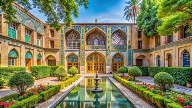 Historic Isfahan architecture with lush greenery and intricate tile work in the beautiful garden of Hasht Behesht Palace