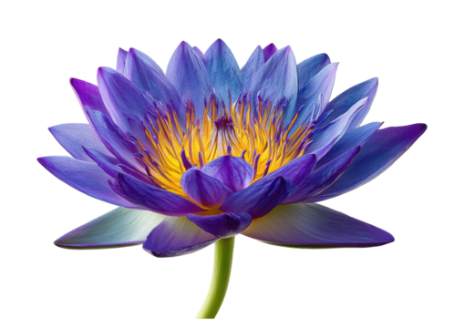 Striking purple water lily blossom with bright golden center