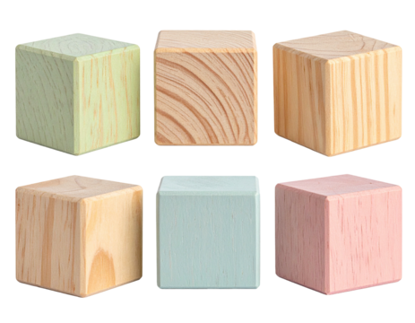 Six wooden blocks, different colors, arranged neatly
