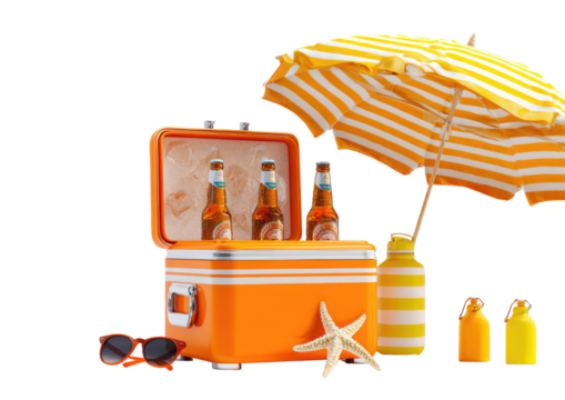 Summer cooler filled with drinks, under striped umbrella